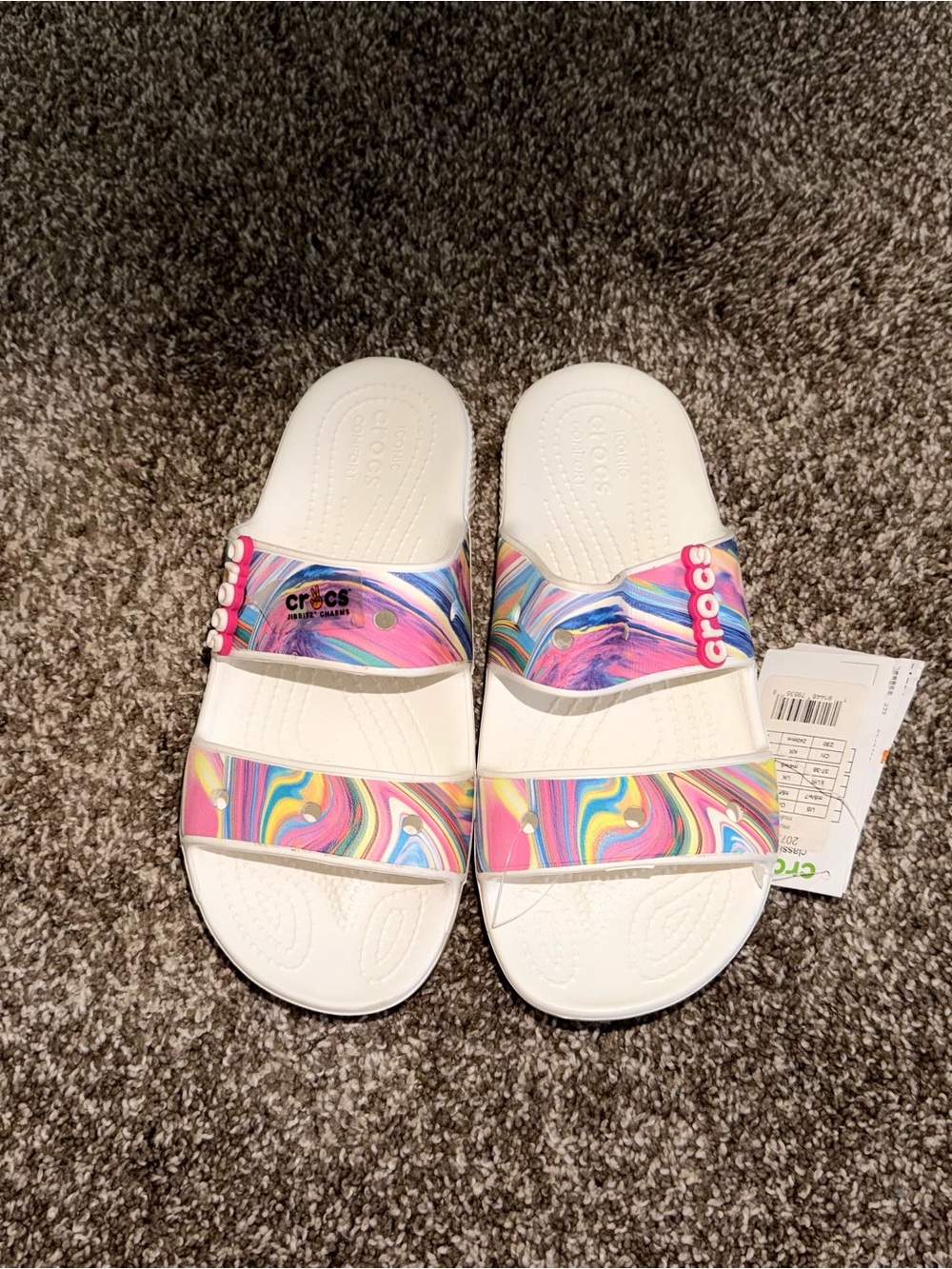 Crocs Women’s White Multi-Color Swirl Slide Sandals